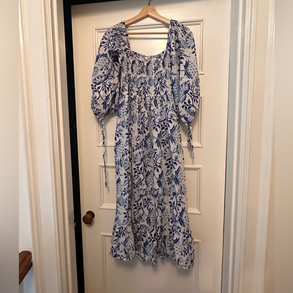 Blue and White Smocked Sundress with Bishop Sleeves
